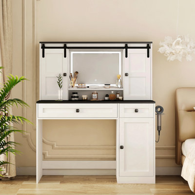 Table de maquillage Farmhouse, coiffeuse de 43 po de largeur avec miroir éclairé et tiroir de maquillage, grande coiffeuse moderne avec porte-séchoir pour chambre à coucher