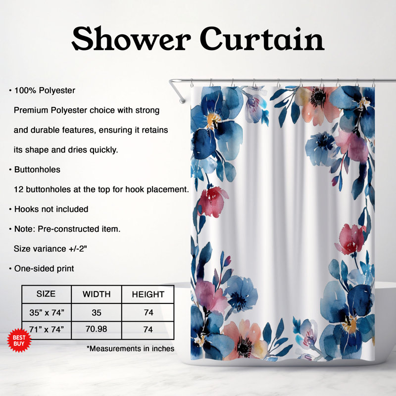 Rideau de douche 1 pièce Delicate Flower Art, H 74 po x l 71 po