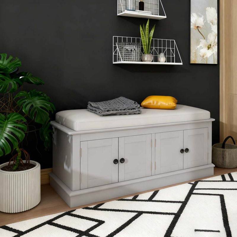 Banc de rangement avec 4 portes et tablettes réglables, banc à chaussures avec coussin amovible, Gris délavé