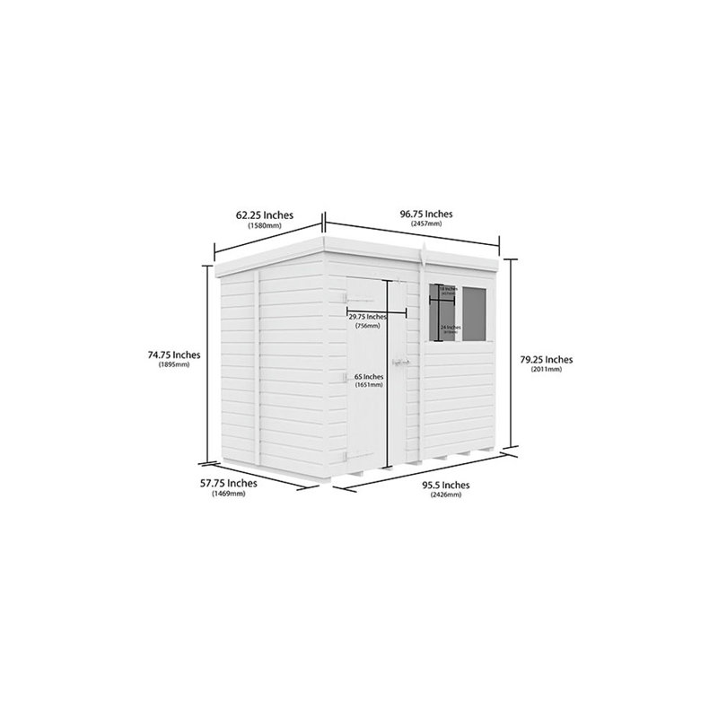 8ft x 5ft Pent Shed - Single Door with Windows
