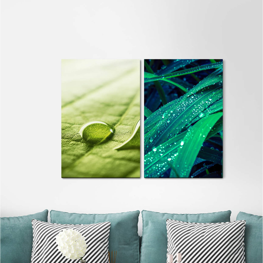 2-tlg. Leinwandbilder-Set - Fotografie „Water Pearl Green Leaf Raindrops Fresh Nature Relaxing Calming”