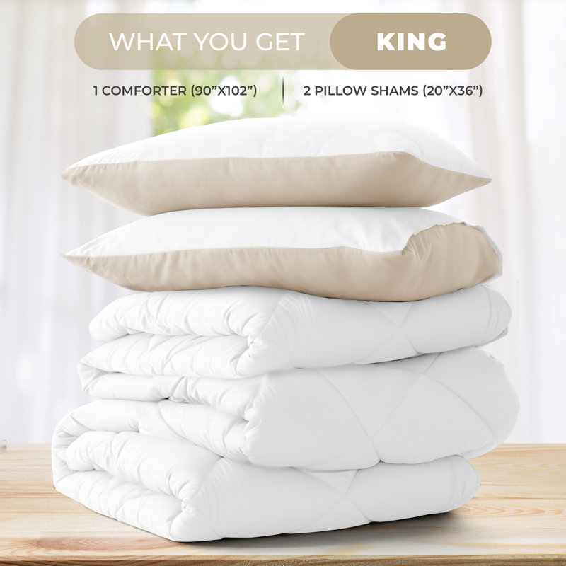 Down Alternative Microfiber Reversible Comforter Set - 3 Pcs All Season Diamond Pattern Comforter with Shams, White, KIng