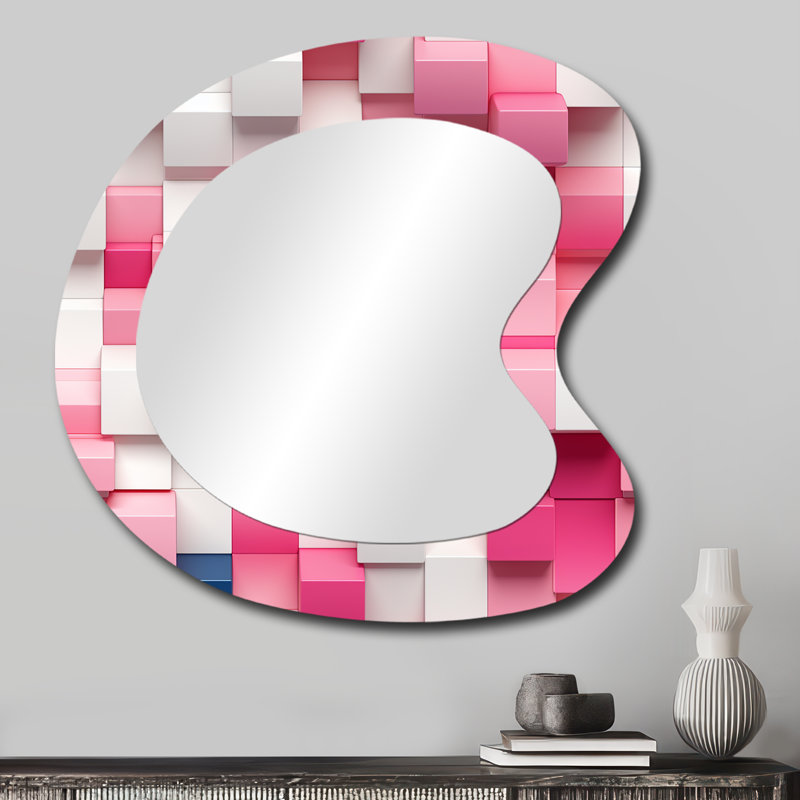 Blocs de chaînes de blocs roses et blancs de Friedhold - miroir mural décoratif géométrique asymétrique, miroir de forme unique moderne, impression d'art en métal