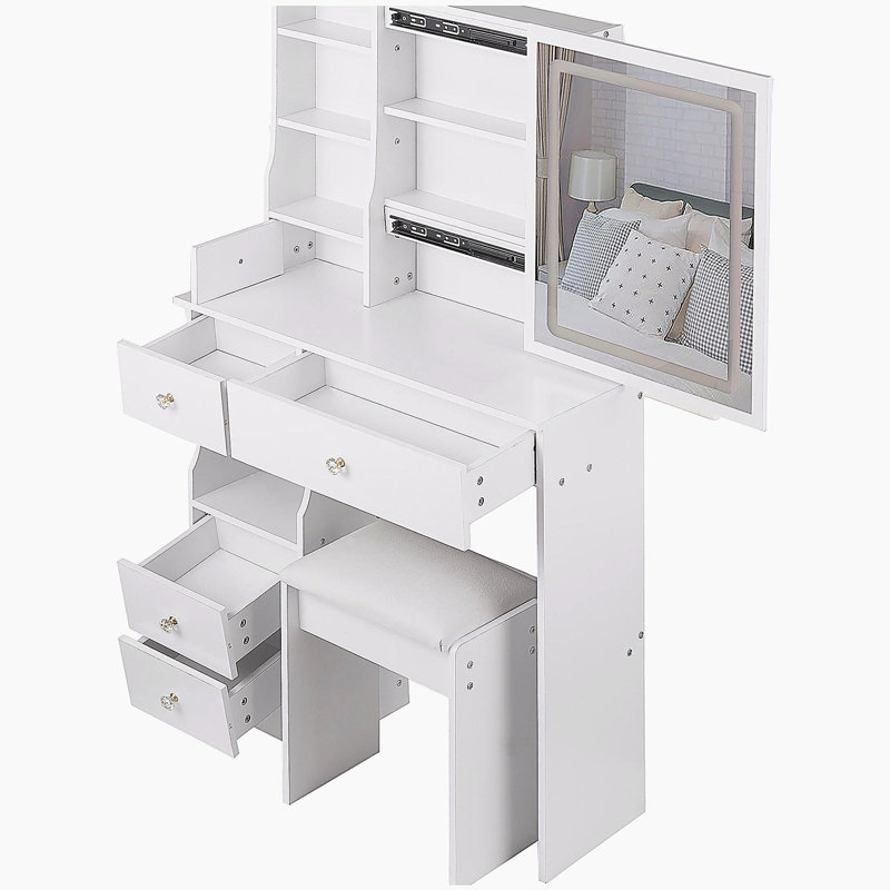 29.2" Small Size Left Drawer Desktop Vanity Table + Cushioned Stool, Large Sliding, Touch Control, Tri-color Switching, Brightness Adjust LED Mirror, High Capacity Storage, Suitable for Small Space