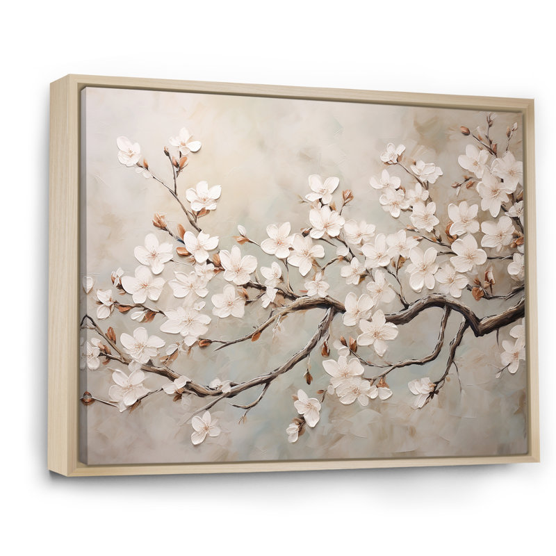 Minimalisme blanc et gris Cherry Blossom III - art mural Cherry Blossom, Cadre naturel flottant, H 34 po x l 44 po x P 1,5 po