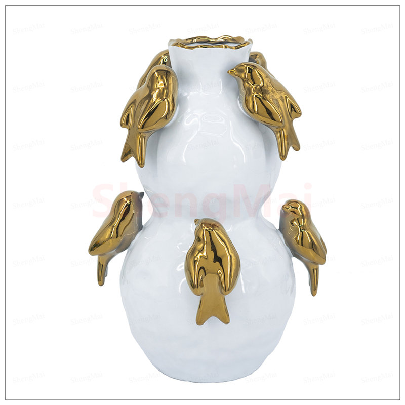 8.5x8.5x14inch White Two-Tiered Ceramic Vase with Gold Bird Accents, Perfect for Elevating Home Decor and Adding a Touch of Elegance.