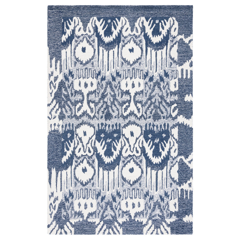 Ikat Hand Tufted Wool/Cotton Ikat Rug in Ivory/Blue, Rectangle 5' x 8'