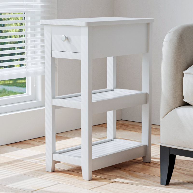24'' Tall End Table, Narrow Side Table with Drawer and Shelves for Small Space, White