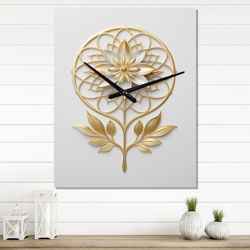 Fleur de vie dorée élégance I - Botanicals abstraites très grandes horloges murales, H 28 po x l 12 po x P 1 po