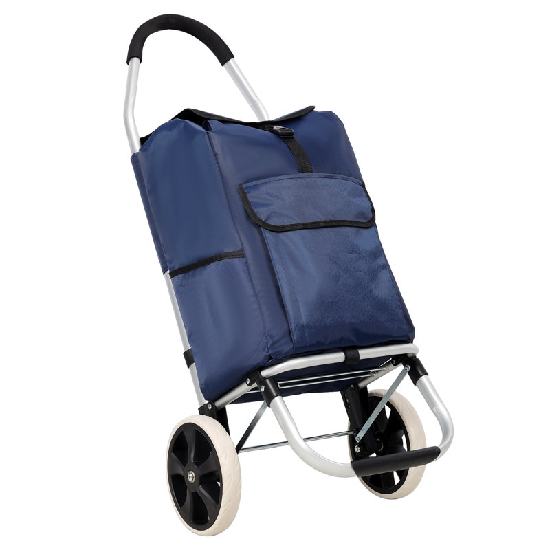 Chariot de magasinage pliable en aluminium avec sac bleu de 40 L et roulettes