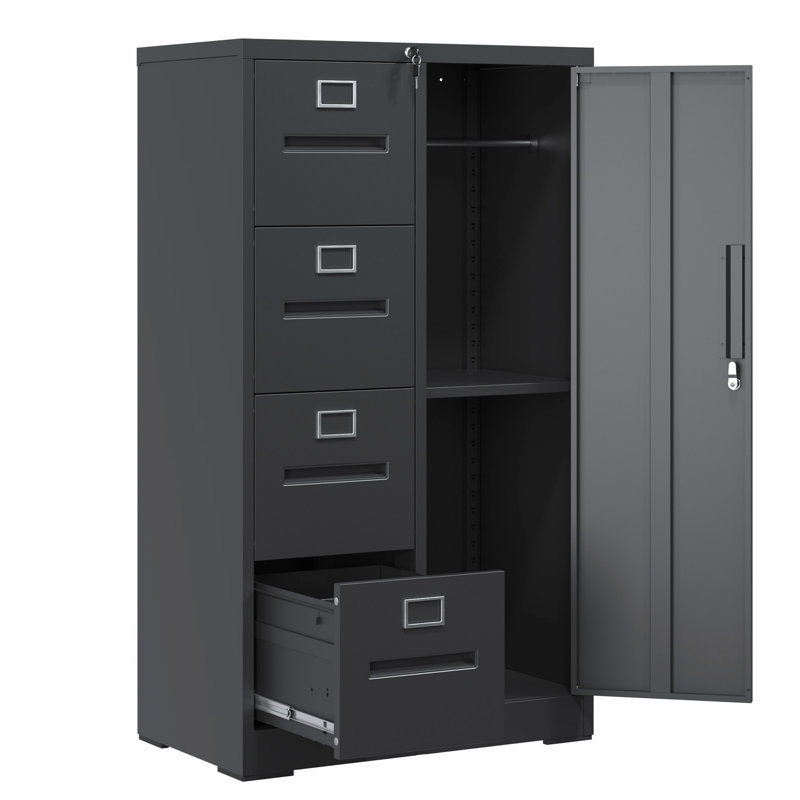 Metal Storage Cabinet, Vertical Filing Cabinet With Lock, File Locker With 4 Drawers And 1 Door For School, Office, Black