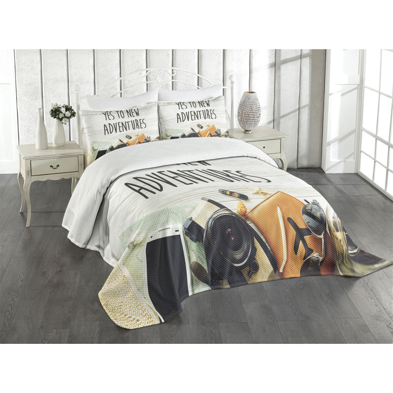 Ambesonne Adventure Bedspread Set Wanderlust Retro Text Multicolor, King Bedspread + 2 Standard Shams
