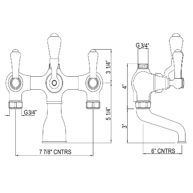 Georgian Era Triple Handle Deck Mounted Clawfoot Tub Faucet, Polished Nickel, Metal Lever Handle