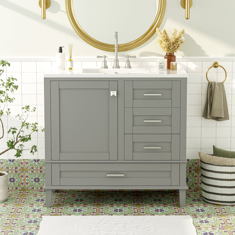 Meuble-lavabo moderne 36 po avec cadre en pin massif, 1 porte à fermeture douce et 3 tiroirs, armoire de rangement moderne