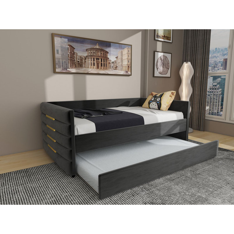 Lit de jour moderne avec lit gigogne, canapé-lit en velours rembourré avec accents dorés, lit d'invité peu encombrant pour la chambre à coucher ou le salon