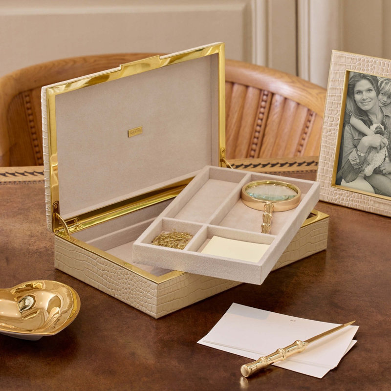 Boîte de rangement classique en cuir Croc, Fauve