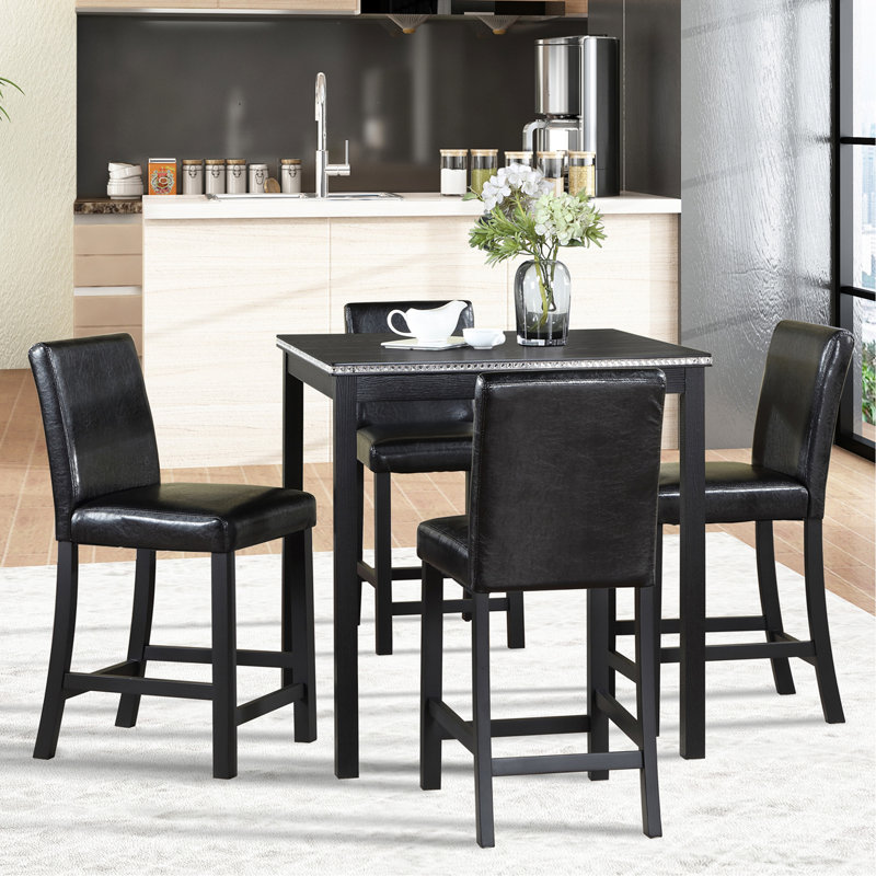 5 Piece Counter Height Table Set, Wooden Kitchen Table Set With Square Table And 4 Upholstered Chairs, Counter Height Dining Table With Crystal Decoration And Chair Set For Kitchen, Dining Room,Black