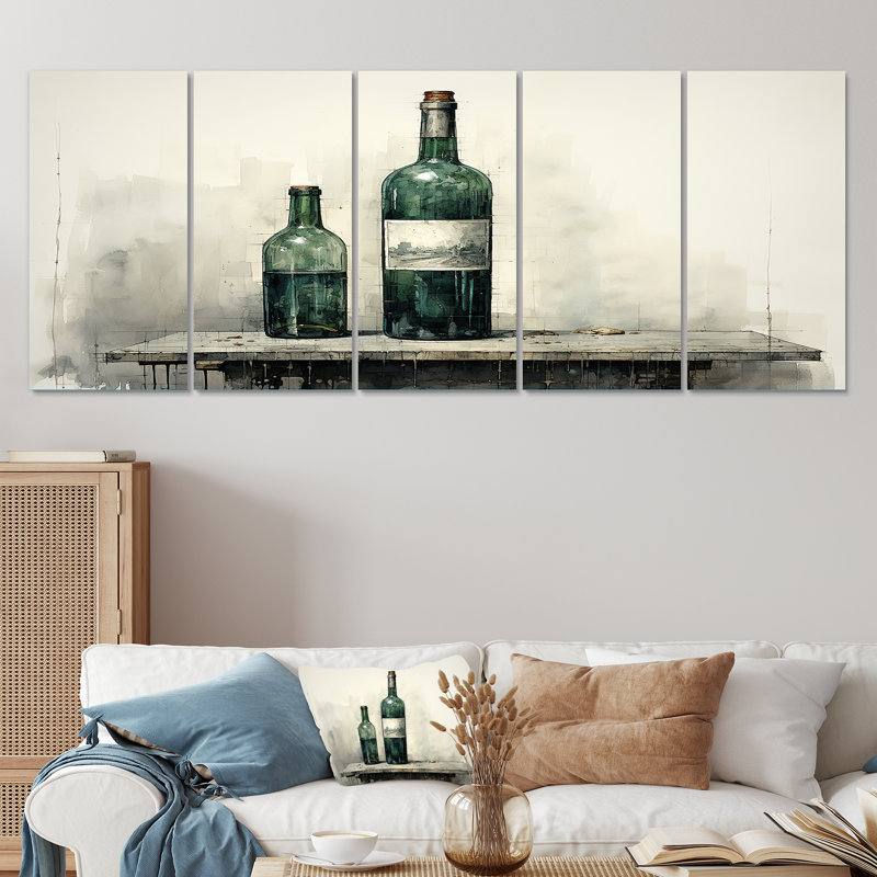 «Green Minimalist Wine Bottles Silhouette II - Wine», ensemble de 5 décorations murales, H 28 po x l 60 po