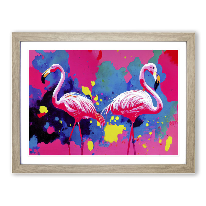 Flamingo Splash - Single Picture Frame Print, 46cm H x 64cm W x 2cm D, Oak
