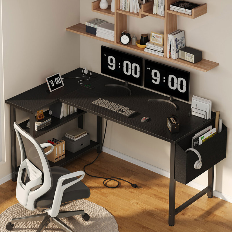 Prises de courant intégrées / Bureau d'ordinateur en L USB, H 28,9 po x l 47,2 po x P 27,6 po, Noir / Noir