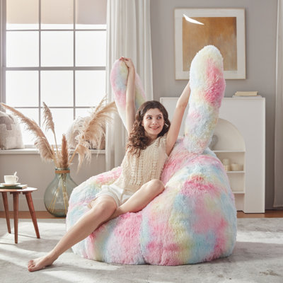 Large Compressed Plush Bunny Bean Bag Sofa | Ultra-Soft Faux Fur, Floppy Long Ears & Attached Tail, Oversized Adult Relax Chair