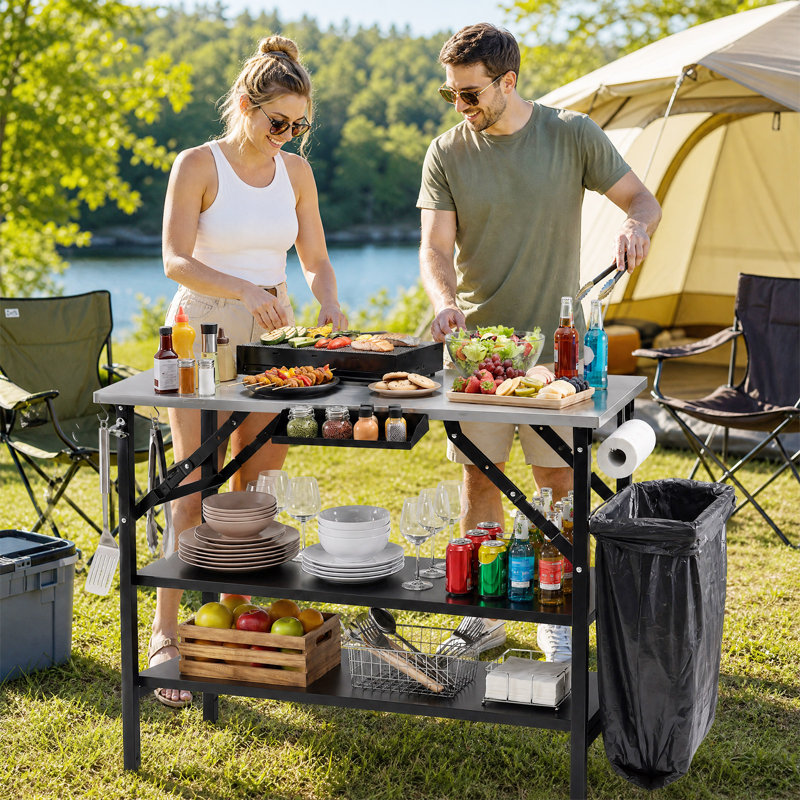 Station de cuisson pliable extérieure avec 2 tablettes amovibles, support pour sac poubelle et 4 crochets en S