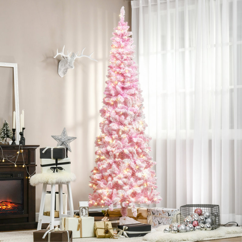 Arbre de Noël artificiel enneigé 7,5 pi avec forme de crayon, branches de pin réalistes, lumières DEL blanc chaud, ouverture automatique, rose et blanc
