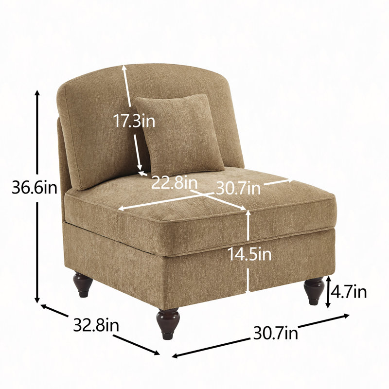 Armless Sofa Chenille W/1 Pillow, Light Coffee