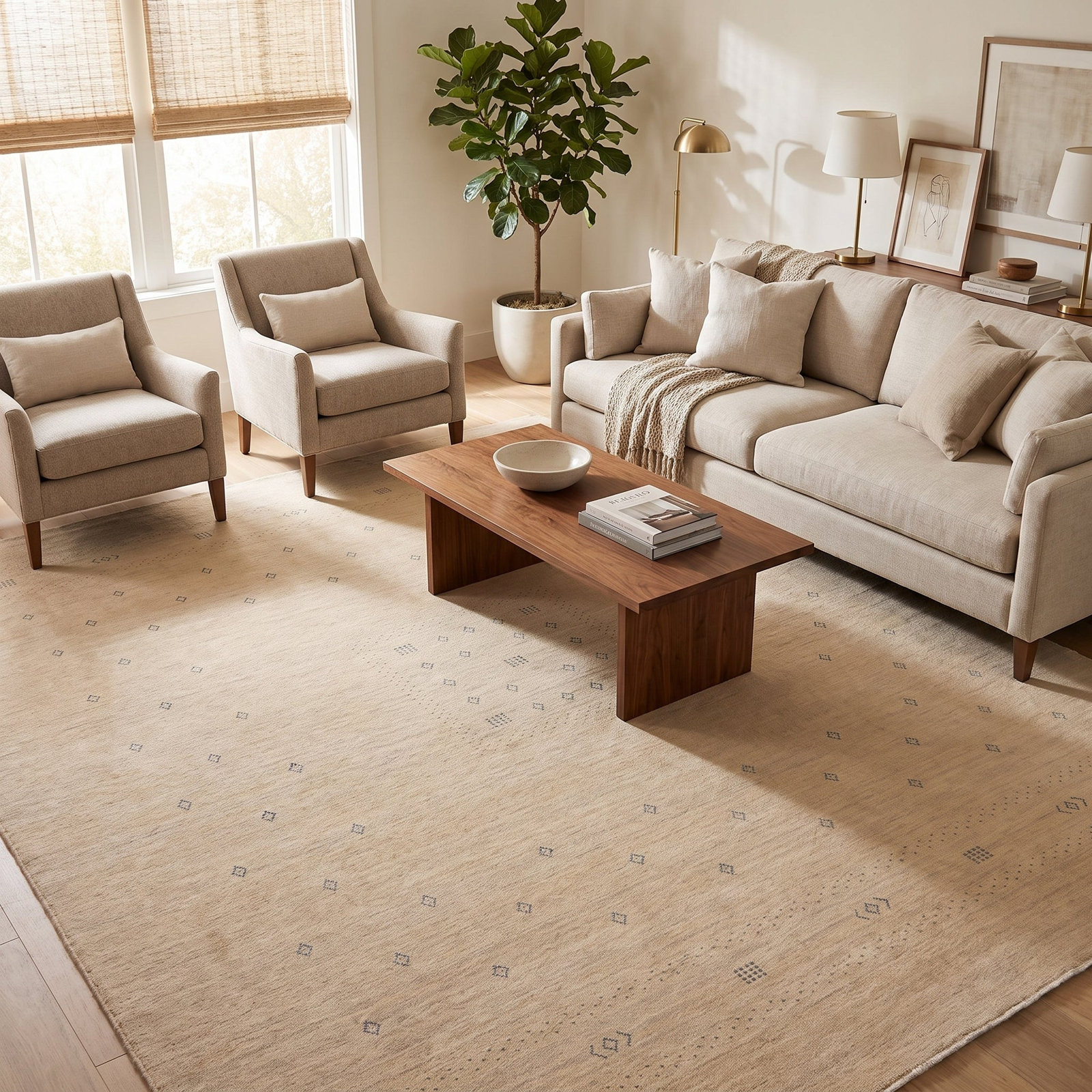 Simi Hand-Woven Geometric Cotton Wool Rug, Beige, Rectangle 8' x 10'