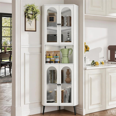 Metal Tall Corner Pantry Storage Cabinet With Acrylic Glass Doors & 1 Open Bar Shelf For Kitchen & Living Room