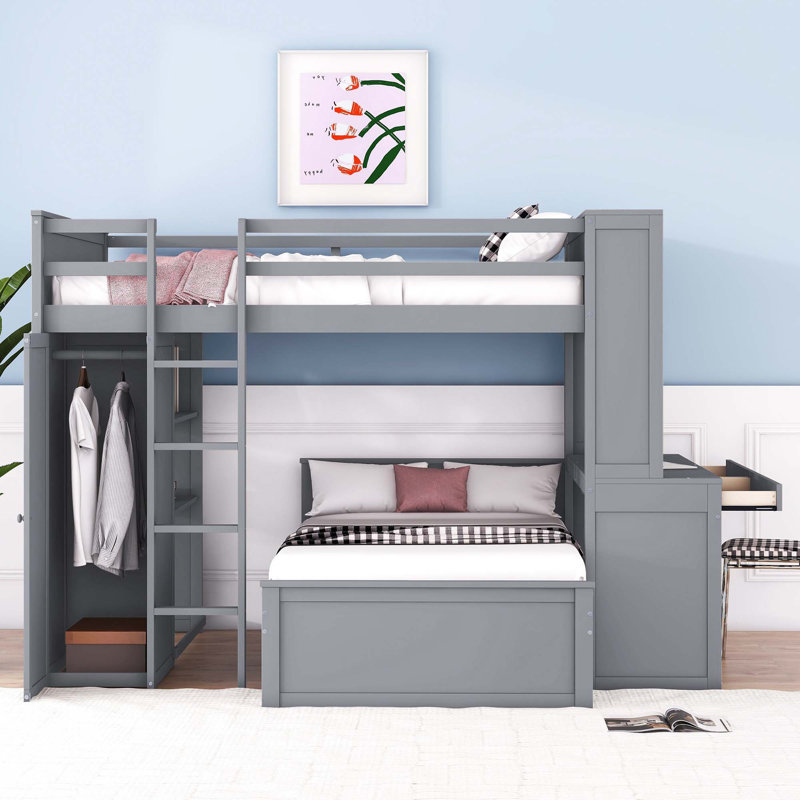 Lit mezzanine avec lit autonome, tablettes, bureau et garde-robe, Complète, gris