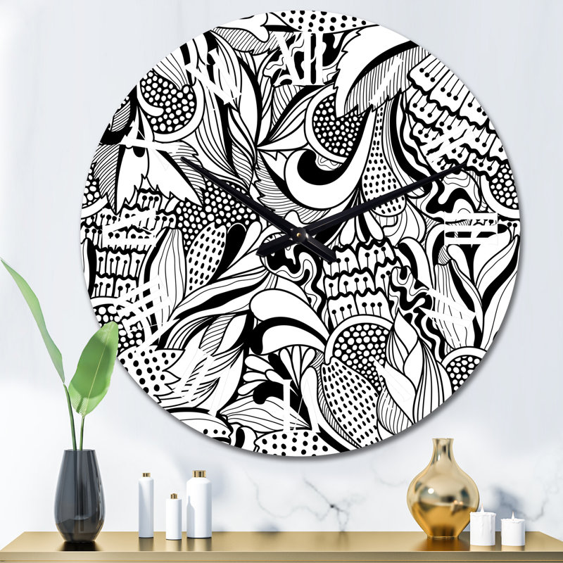 Fleurs abstraites en noir et blanc - Horloge murale moderne, Surdimensionné