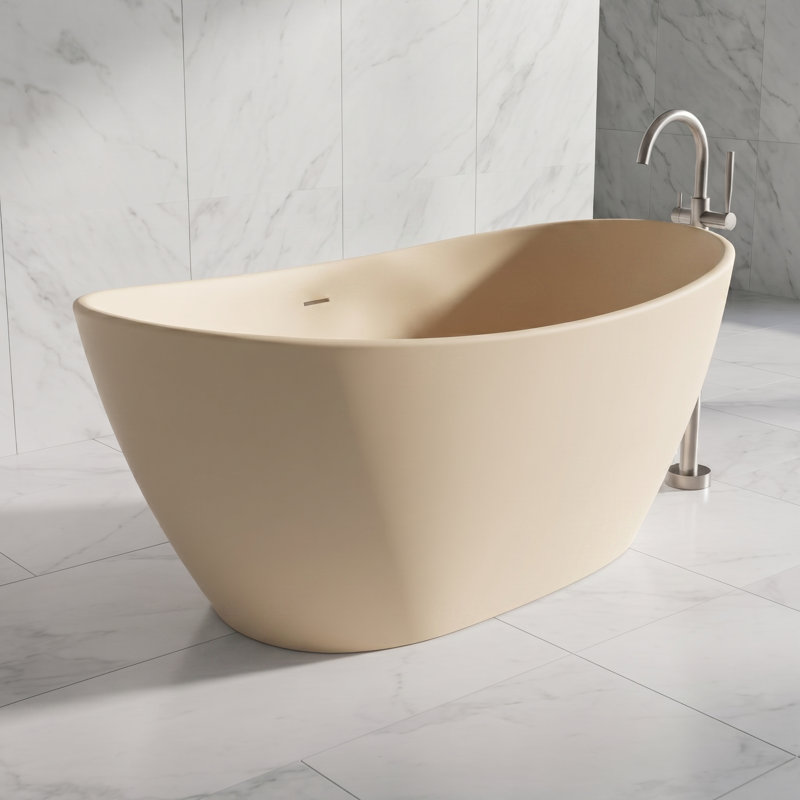 61" Solid Surface Freestanding Soaking Bathtub, Oval Cream Matte Finish, Cream