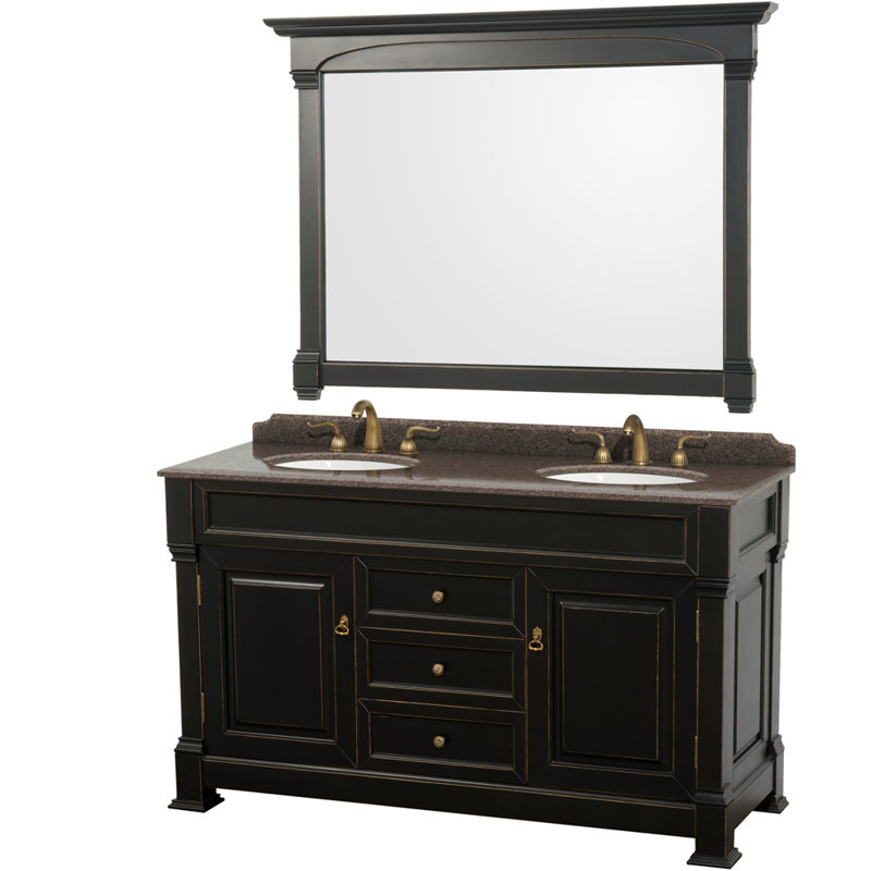 Ensemble de meuble-lavabo double 60 "avec miroir Andover, Noir, Granit brun impérial