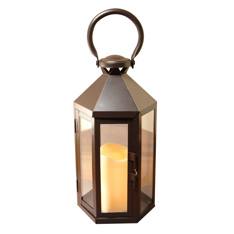 Black Hexagon Metal Lantern with Amber LED Candle