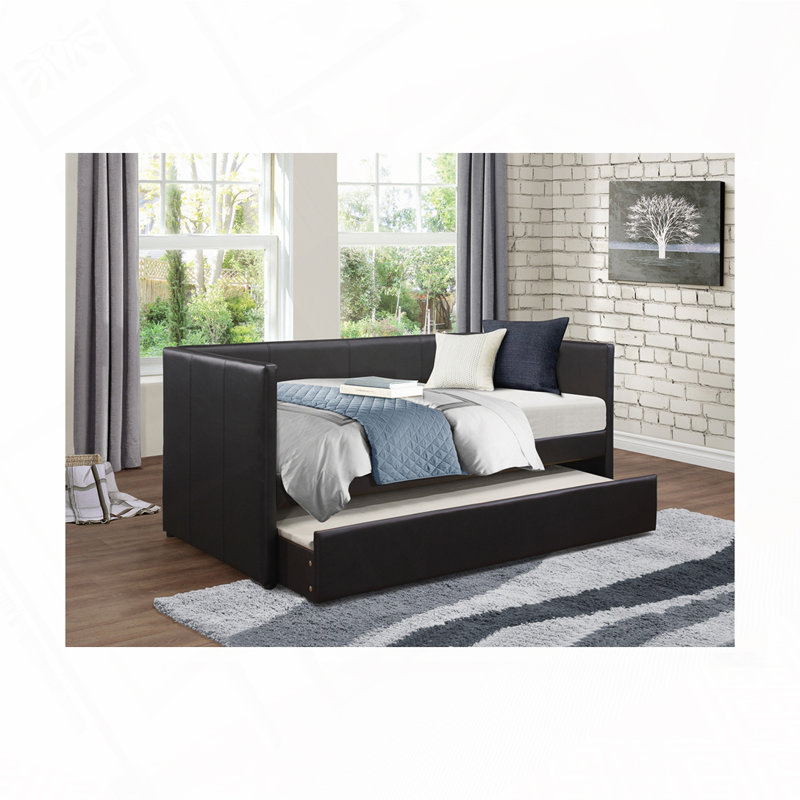 Faux Leather Upholstered Daybed with Trundle, Black