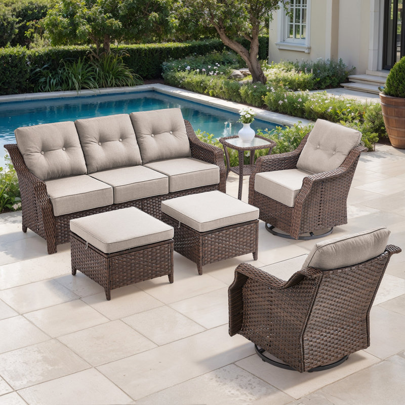 Sami 6-Piece Wicker Patio Furniture Set, 6-Inch Ultra Thick Cushioned 360° Swivel Glider Chairs & Multifunctional Ottomans