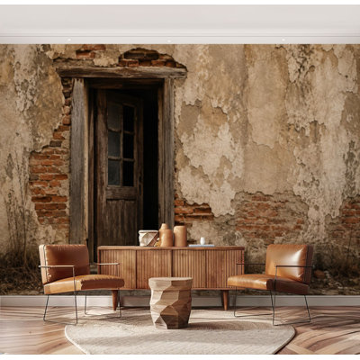 Wall Mural Peel and Stick Wallpaper Weathered Rustic Wall Vintage Wooden Door Exposed Brick Self-Adhesive Removable Contact Paper Wall Decor for Living Room Bedroom 69"H x 96"W