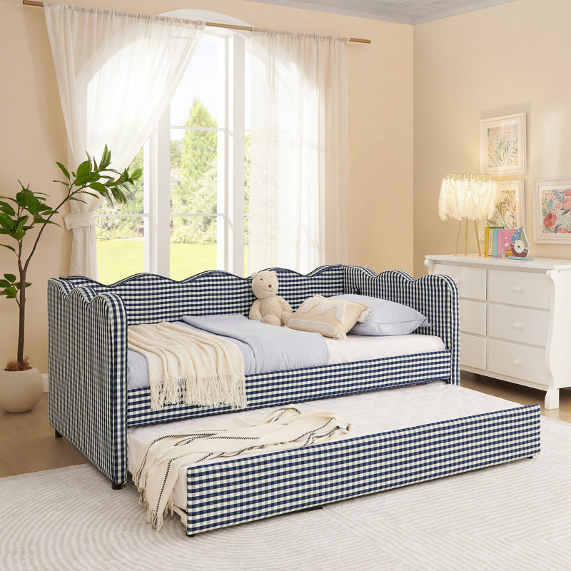 Lit de jour avec canapé-lit sans sommier, avec port USB et adorable tissu en forme de vague, Marine