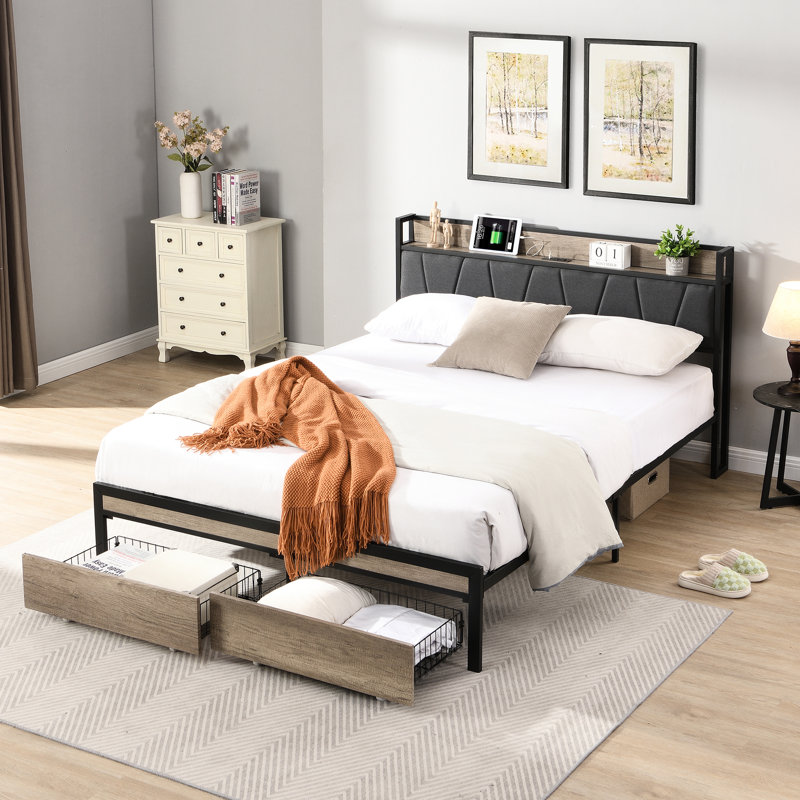 Structure de lit de style moderne avec rangement rembourré - plateforme en métal, aucun sommier requis, sous-espace, assemblage facile, profondeur de 84,59 po, tête de lit et tiroirs d'une capacité de 600 lb, rangement et tablette