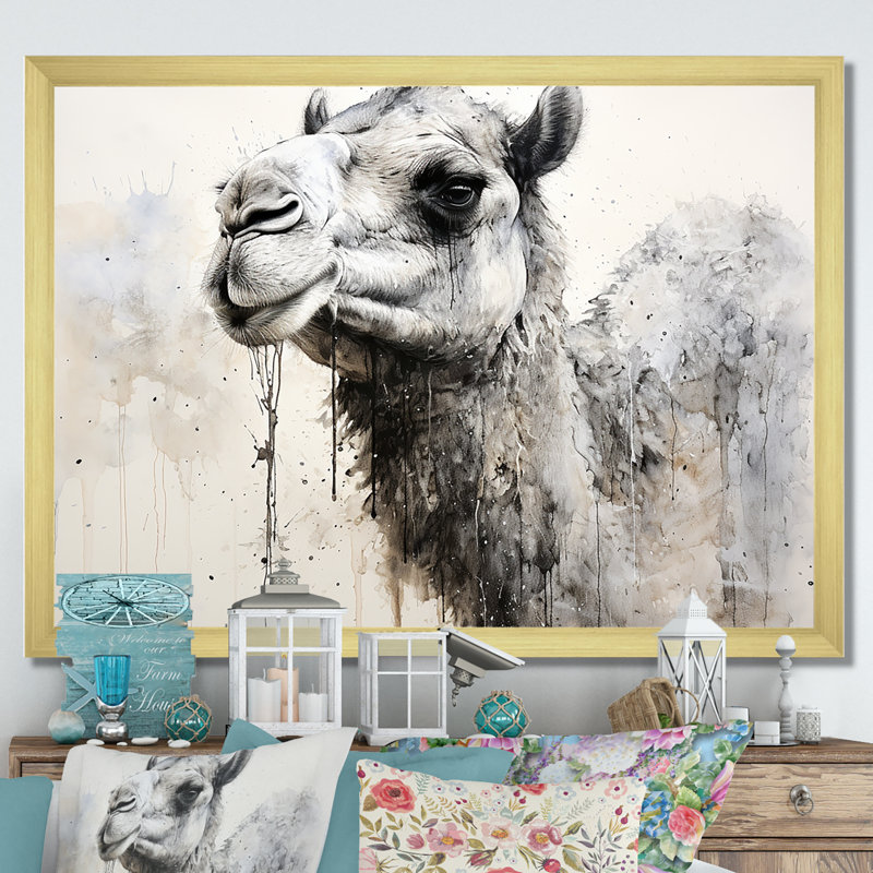 Minimalisme monochrome chameau sur toile, Cadre doré simple, H 34 po x l 44 po x P 1,5 po