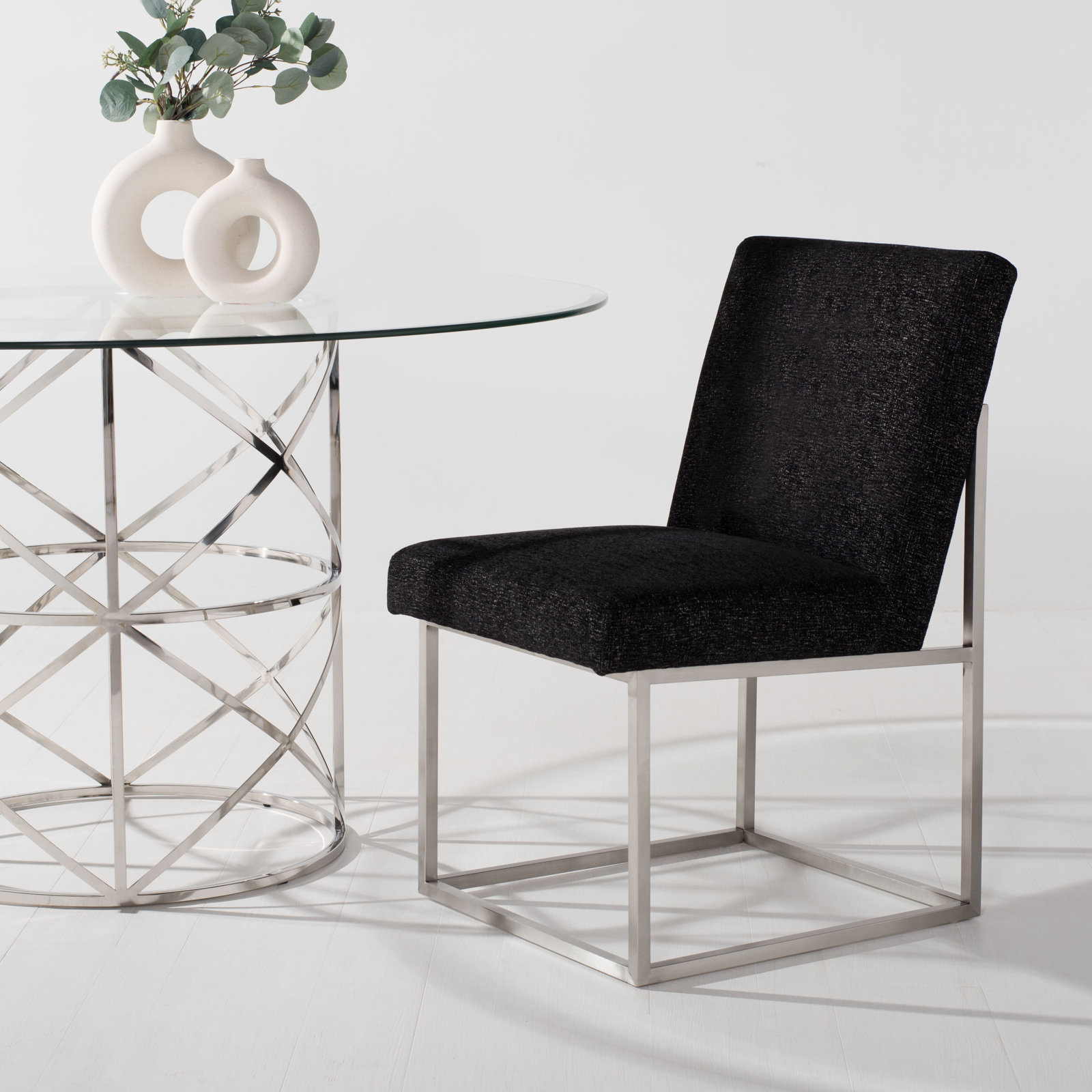 Athens Upholstered Stainless Steel Side Chair, Silver, Black 100% Polyester