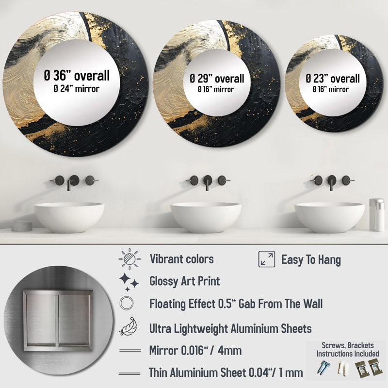 Black And Gold Abstract Meditation III - Abstract Painting Large Mirror, Beige Round Unique Wall Mirror Decor, Printed Metal Art