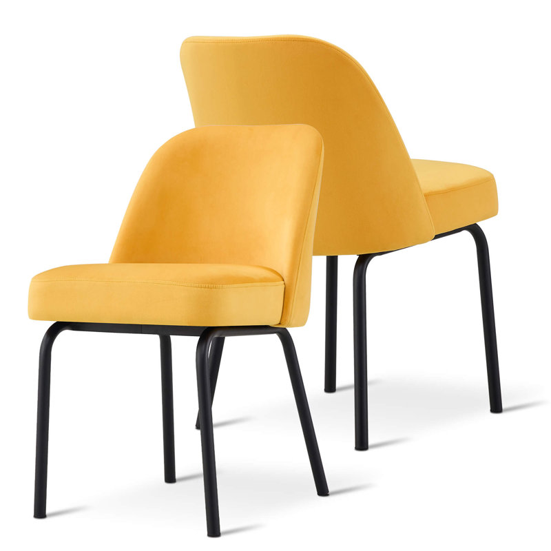 Burvin 2 Set Upholstered Dining Chair, Mid Century Side Chairs Velvet Fabric, Yellow, Black