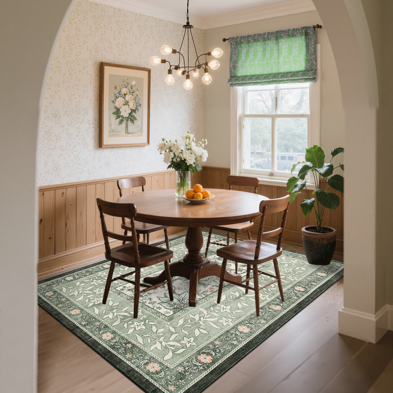 Floral Machine Printed Area Rug, Rectangle 160 x 230 cm, Green