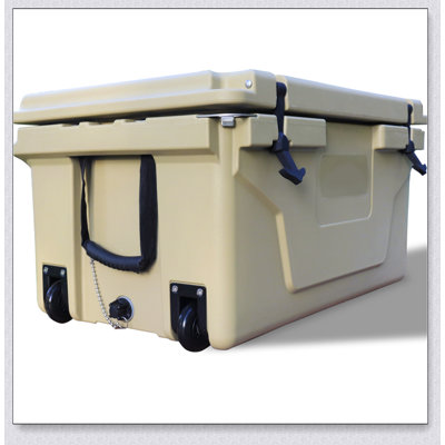 Durable 65QT Khaki Ice Cooler Box With Insulation For Long-Lasting Cold Storage, For Camping And Fishing.