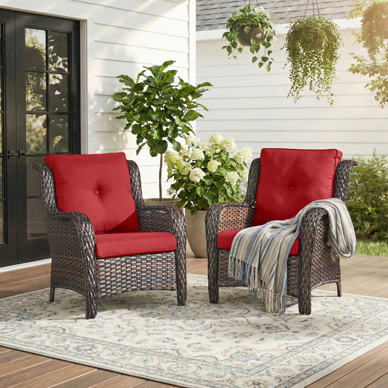 Ensemble de 2 chaises de patio en osier avec dossier haut, siège en rotin PE toutes saisons pour terrasse, Brun, Rouge