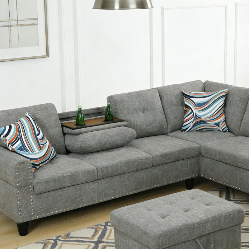 Ensemble de canapé en forme de L 3 pièces avec table rabattable et repose-pieds de rangement, disponible en tissu ou similicuir