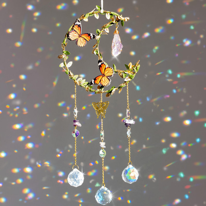 Crystal Suncatcher for Windows Moon Shaped with Enchanting Butterfly Design
