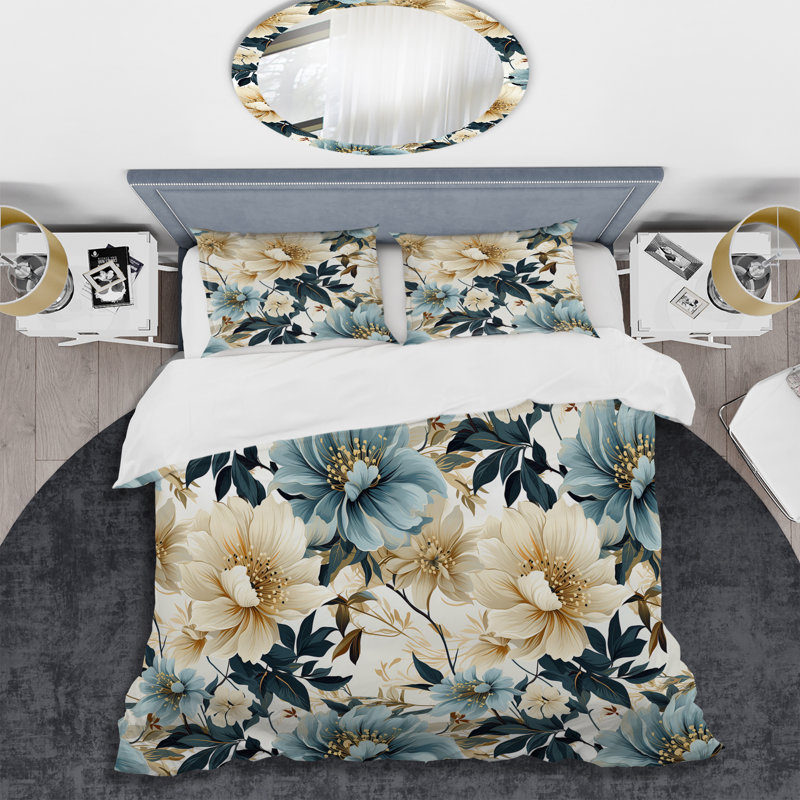 Ensemble de housse de couette Sandy Beige et bleu Hydrangea Tranquility - Floral